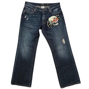 Ed Hardy Mens Jeans Skull Graphic Embroidered Dark Wash Straight Size‎ 34x34